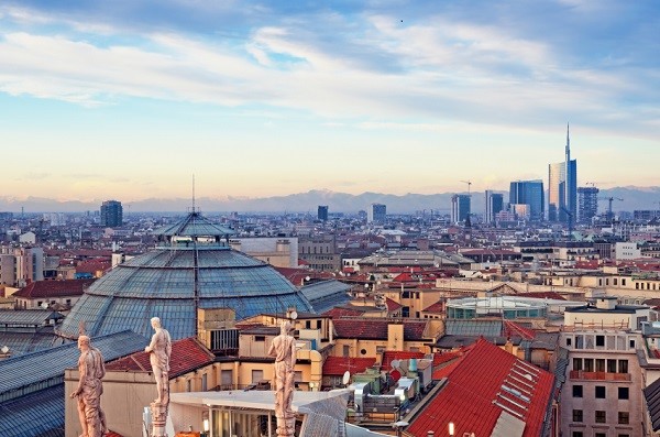 Milan skyline from “Duomo di Milano”. Italy.