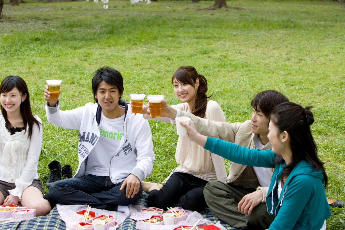 Five young people toasting with glasses, enjoying lunch on lawn, front view, side view, Japan