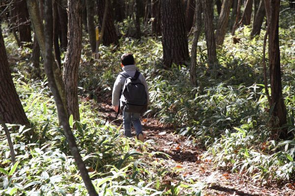 山道を歩く少年