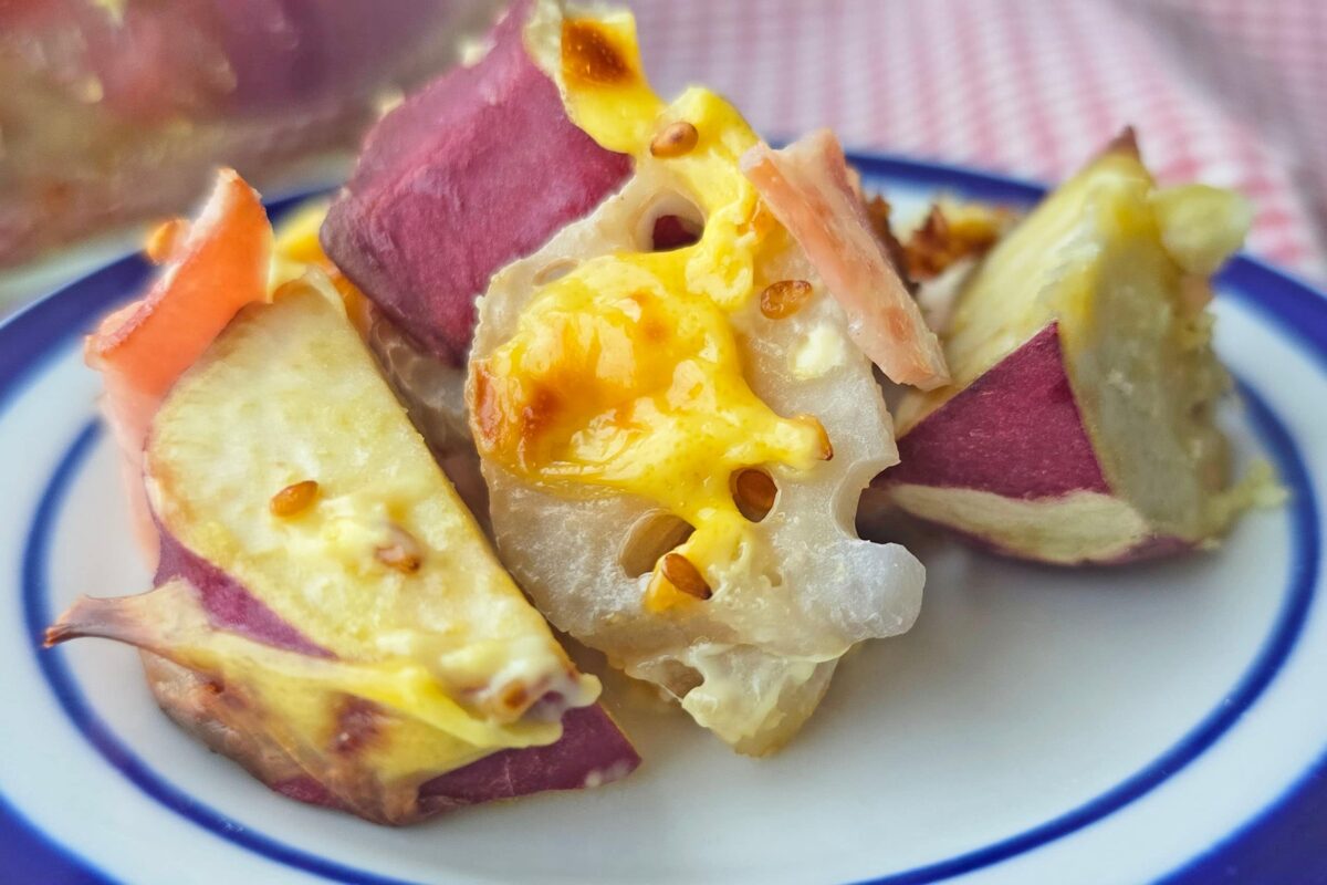 さつまいもとれんこんとベーコンのマヨネーズ焼き・実食