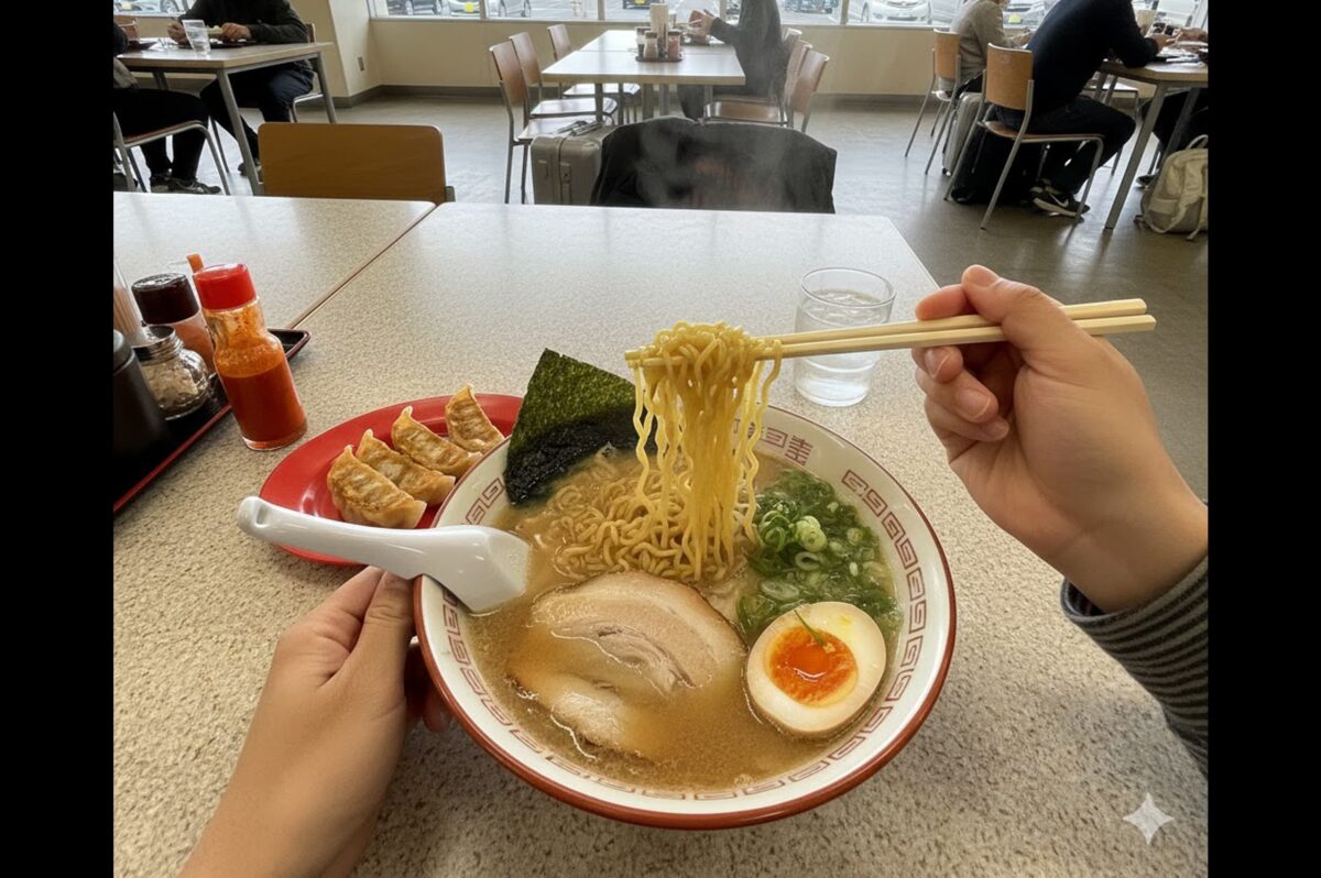 サービスエリアでラーメンを食べる風景