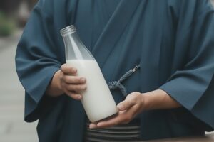 牛乳瓶を持つ着物の男性