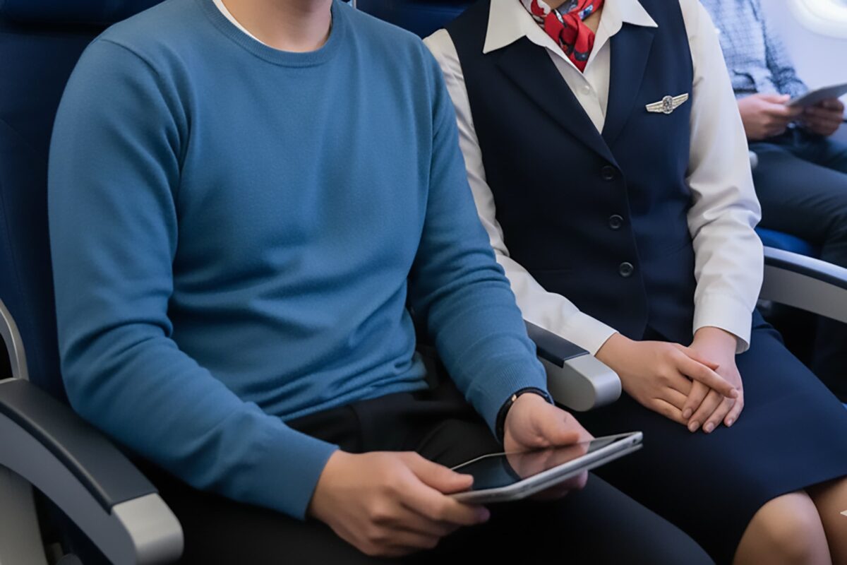 飛行機でCAの隣に座る男性