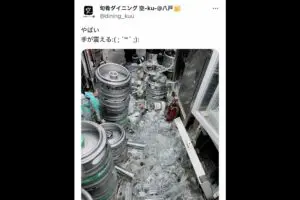 青森の飲食店が“震度6強発生後の店内”公開 大量のグラスが散乱した光景に「見ただけで怖い」
