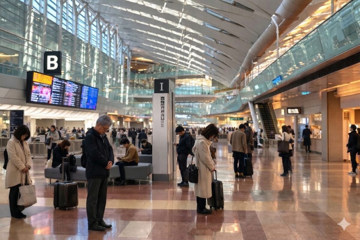 羽田空港・出発ロビーで黙祷する人々のイメージ