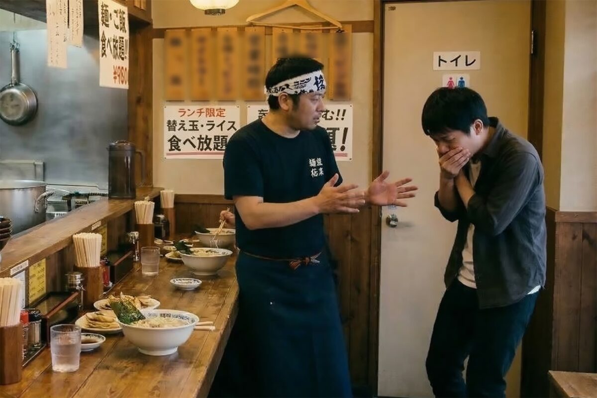 ラーメン屋で気分の悪そうな男性と困る店主のイメージ