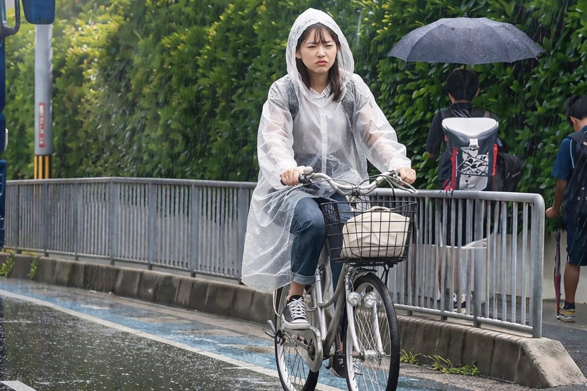 自転車・雨・レインコート