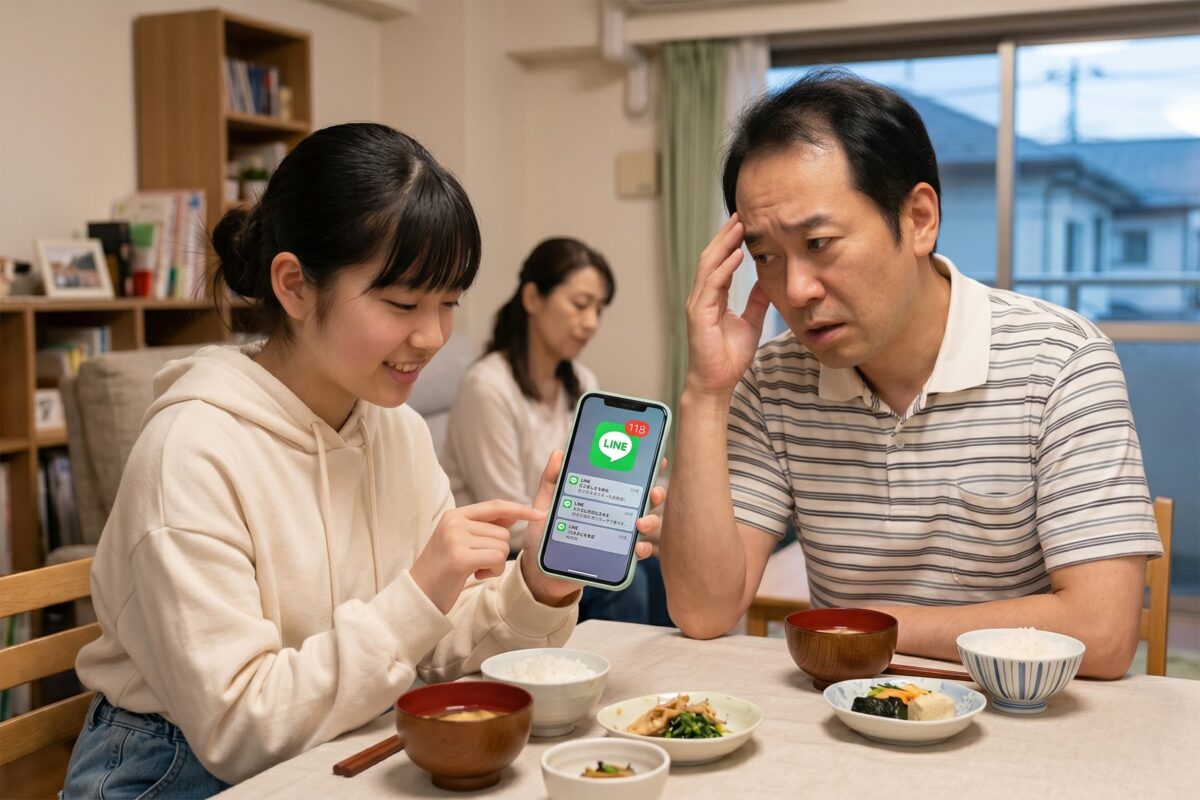 中学生の娘のスマホ通知をみて困惑する父親のイメージ