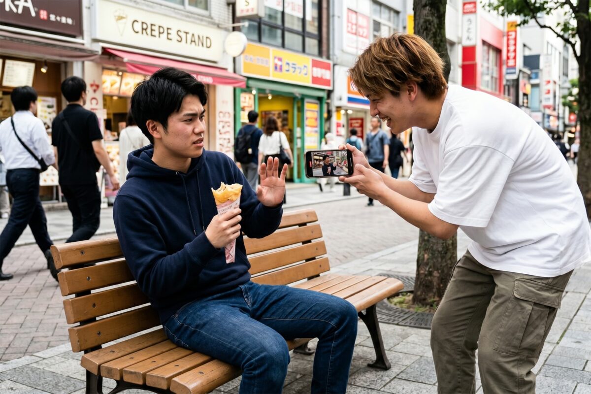 クレープを食べる男性を撮影する迷惑行為のイメージ