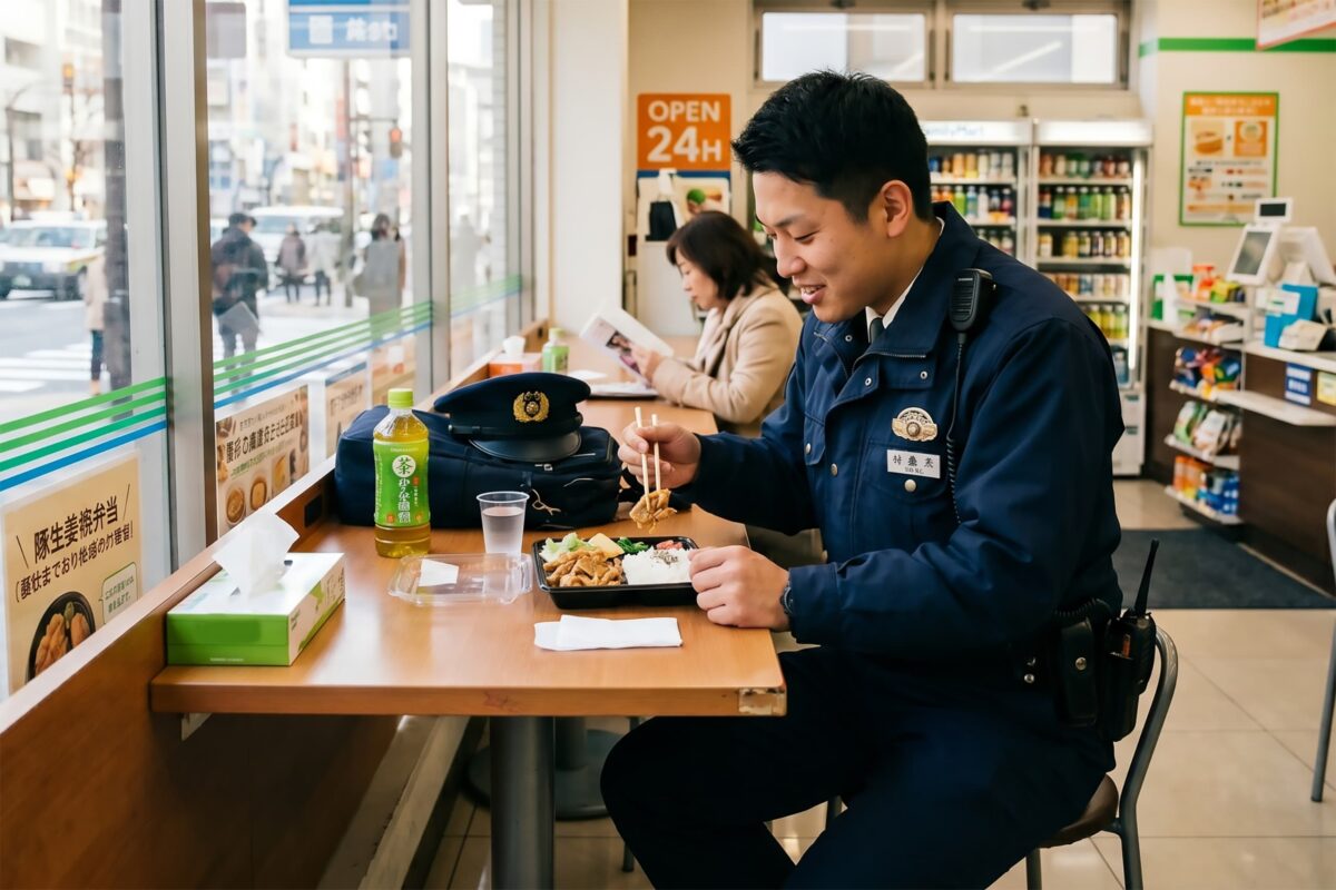 コンビニイートインで食事をする警察官のイメージ