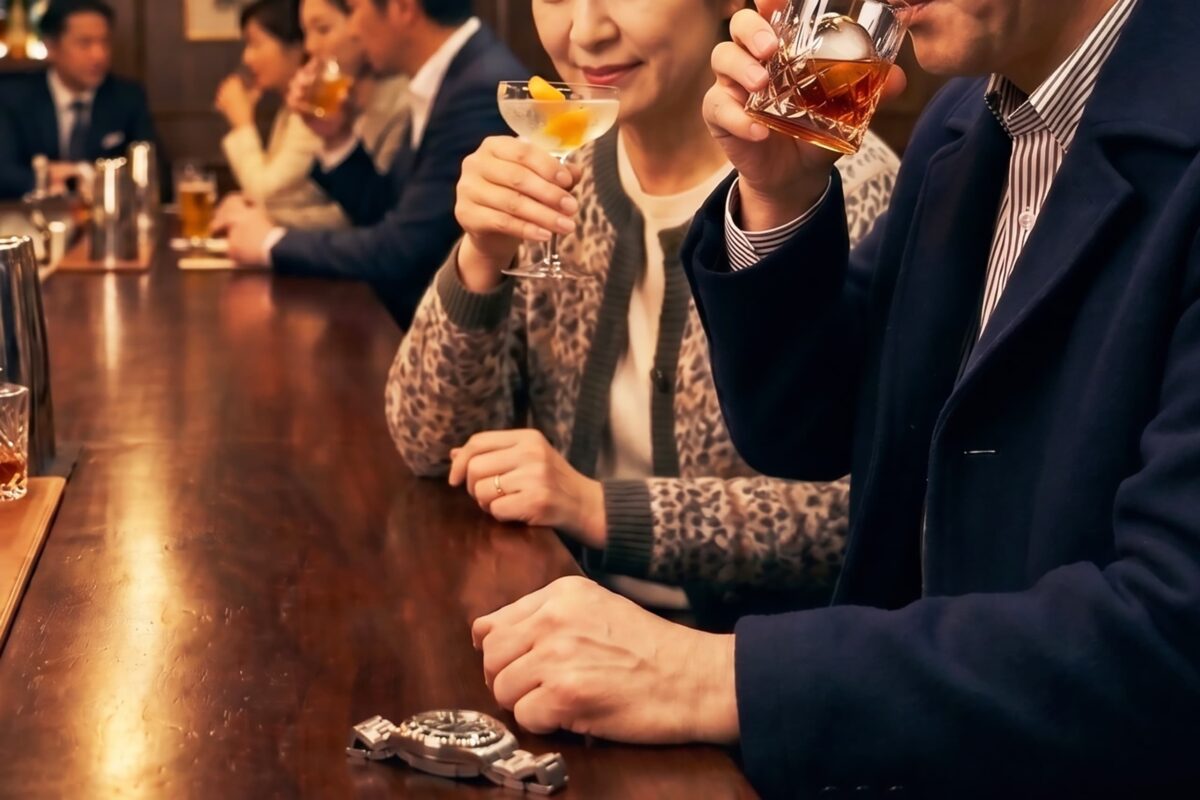 バーカウンターでお酒を飲む人たち