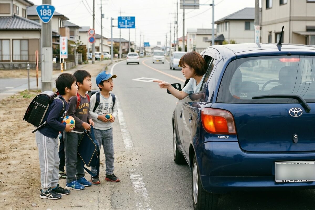 路肩で遊ぶ小学生を注意する女性