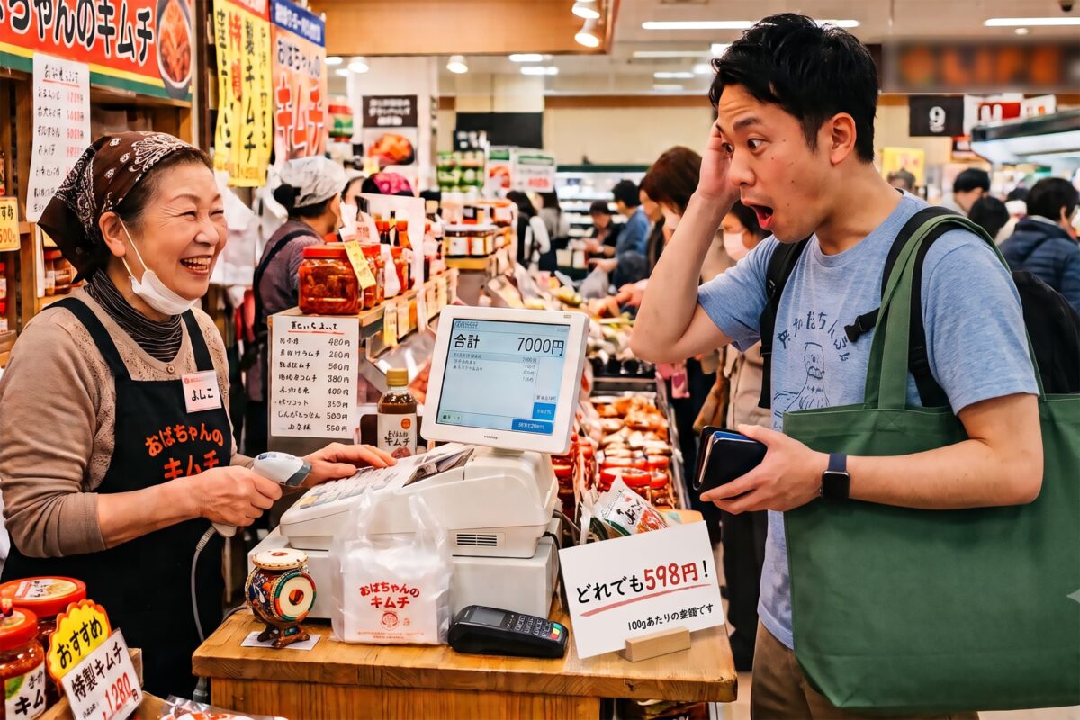 スーパーの一角にあるキムチ店の値段に驚く男性