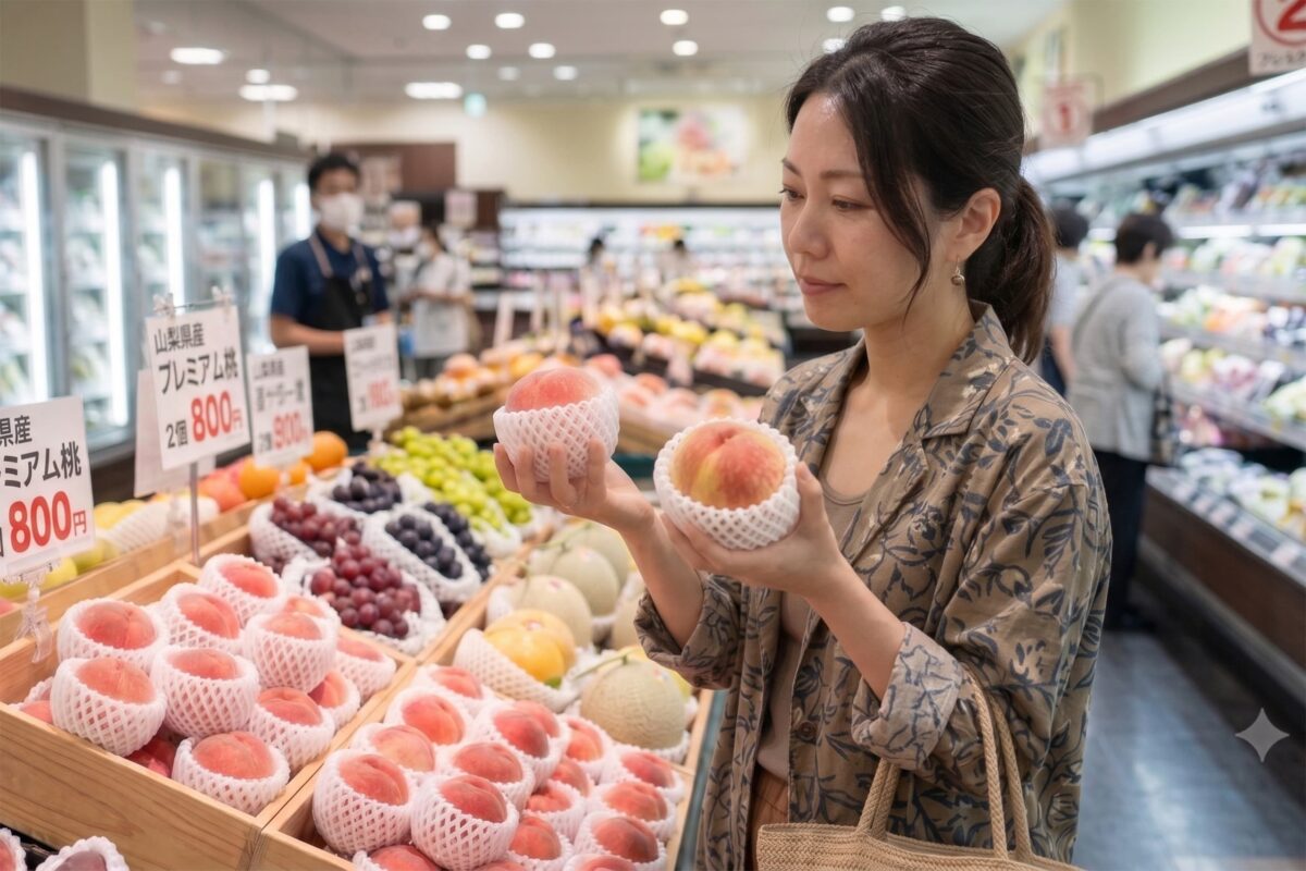スーパーで桃を吟味する主婦