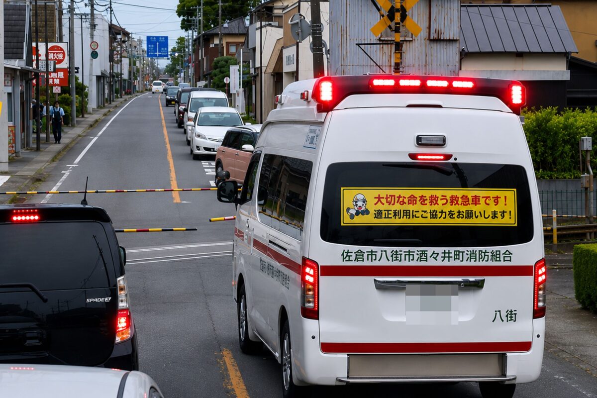 踏切前で停まる救急車