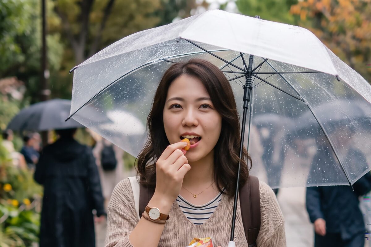 雨の中グミを食べる女性
