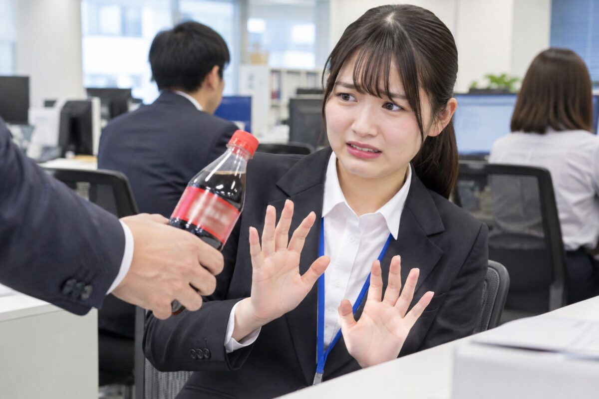 炭酸飲料を渡されて困惑する新人社員